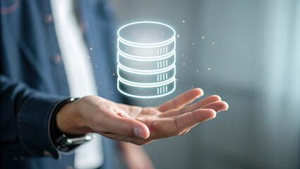 Holographic database stack data storage server concept cloud storage database icon business hand technology visualization digital network