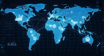 Global Digital Network Map with Data Points and Connections.