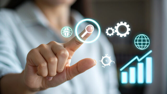 Finger touching virtual search icon, business data visualization and technology interface conveying innovation and growth emotion - Powered by Adobe