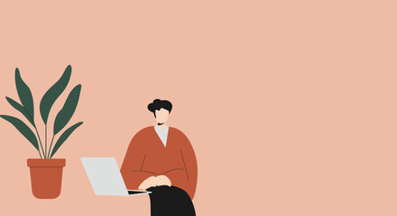 Minimalist illustration of a person working on a laptop, symbolizing remote work, online learning, or digital business in a modern lifestyle setting. Copy space for text.