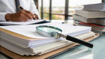 Magnifying glass stack of documents with person writing background, focused investigation and paperwork review conveying concentration