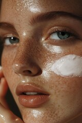 Skin care routine aesthetic. Natural lightning, elegant and sophisticated. Close-up of a young woman's face with freckles and sunscreen applied. Skin care brand campaign ad