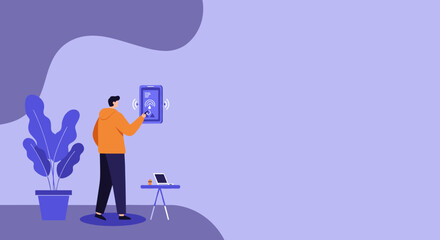 Man interacting with a smart home control panel, managing connected devices in a modern, minimalist setting. Represents smart living and IoT.