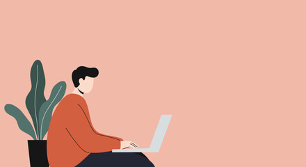 A person works on a laptop at home or remotely, embodying productivity and modern digital communication with a minimalist aesthetic and a plant.