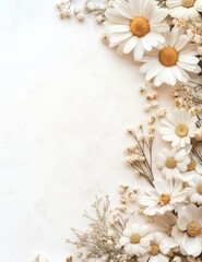 Decorative floral frame with chamomile flowers on a neutral backdrop. Blank copy space