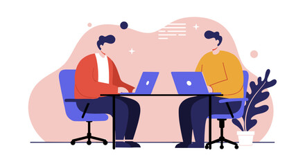 Two colleagues collaborating on laptops at a modern desk, illustrating teamwork, productivity, and a contemporary business environment.