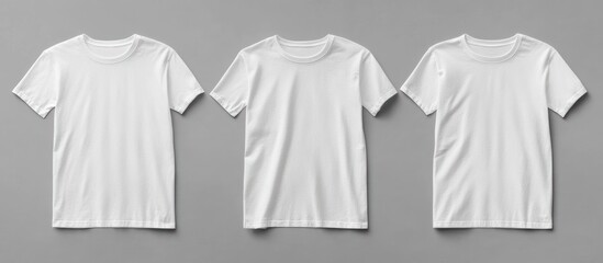 Three plain white t-shirts displayed on a neutral gray background, ready for design.