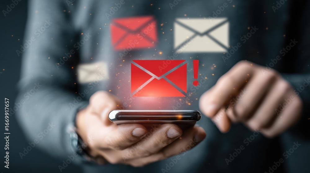 Poster incoming alert: the image shows a person holding a smartphone with several virtual envelope icons ho