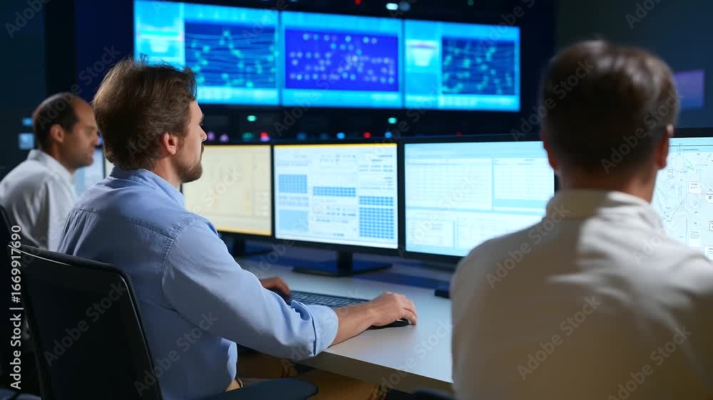 Poster state-of-the-art hydropower control room featuring real-time data monitoring systems, representing p