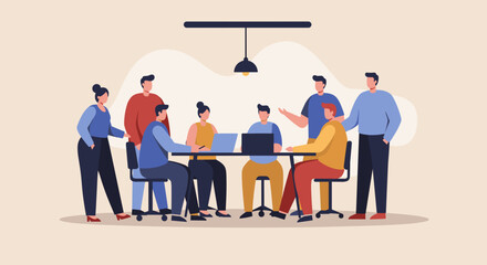 Diverse business team collaborating in a modern office meeting room, discussing project ideas. Highlights teamwork, strategy, and corporate success.
