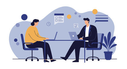 Two professionals collaborating on laptops in a modern office setting. Ideal for business meetings, online discussions, or project management concepts.