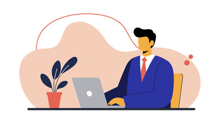 Professional businessman in a suit focused on his laptop, representing remote work, online business, and corporate productivity. Ideal for finance, technology, and career concepts.