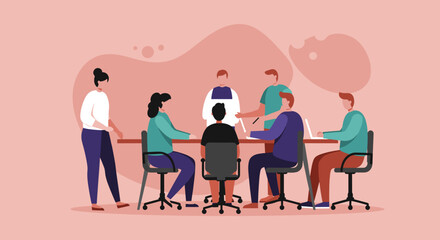Diverse business team collaborating in a meeting, discussing strategy and ideas in a modern office environment. Illustrates teamwork, success, and professional growth.