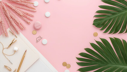 Pink-themed desk stationeryis  perfect for social media posts, blog headers, and feminine branding designs. Ideal for creative, stylish projects.