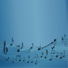 Old grunge blue music background with black notes