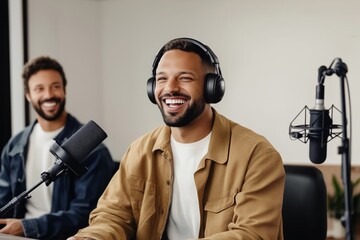 Two men laughing during a podcast recording in a studio
