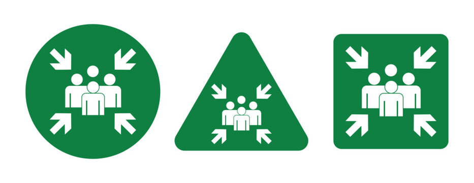 Emergency assembly point sign. Assembly point sign symbol vector illustration isolated on white background. Emergency assembly point sign, logo, badge, icon, sticker, label, emblem, stamp, symbol.