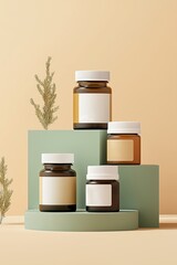 Stacked jars of beauty or wellness products on a soft beige background. Health supplement