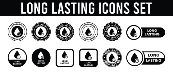Long lasting icons set, logo, label, badge, symbol, arrow, stamp, black, line, flat vector, isolated illustration. Pharma or beauty label for product packaging design. Hourglass, time, clock icon.