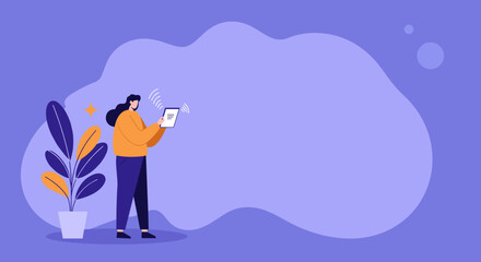 Woman using a tablet with wireless signal, ideal for concepts like online communication, digital learning, or mobile business.