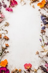 Frame of colorful flowers surrounding a blank white background. Copy space