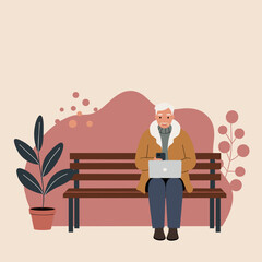 Smiling senior man on a park bench uses a laptop and smartphone, embracing modern technology. Illustrates active aging, digital connection, and leisure lifestyle.