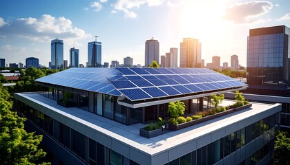 Rooftop solar panels on a modern building, city backdrop