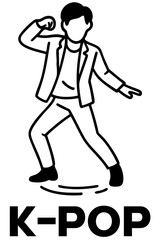 Black and white vector illustration of a K-POP male idol dancing with microphone. Symbol of Korean pop music, Hallyu wave, performance, and global entertainment.