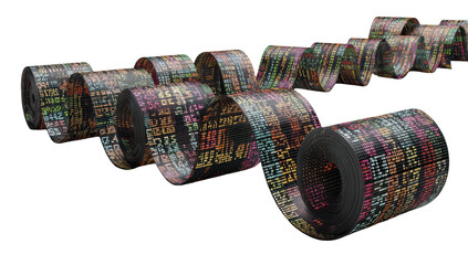 Abstract rolls of data.  Colored text wraps around cylindrical forms, creating a dynamic visual