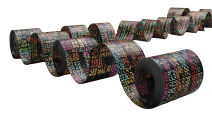 Abstract rolls of data.  Colored text wraps around cylindrical forms, creating a dynamic visual