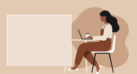 Focused woman working remotely on laptop with coffee, suitable for business, education, or lifestyle content. Copy space for text.
