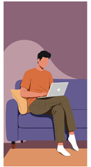 A focused man comfortably works on his laptop while sitting on a purple sofa at home. Illustrates remote work, online learning, or digital lifestyle.