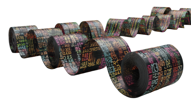 Abstract rolls of data.  Colored text wraps around cylindrical forms, creating a dynamic visual