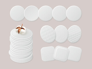 Realistic cotton pads. Padded disk with absorbed texture, white round pad stack packaging makeup cosmetic hypoallergenic remover for clear face skin care © ssstocker