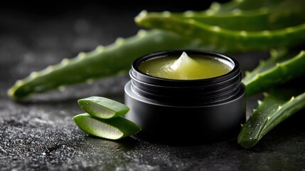 Aloe Vera Wellness: Capturing a skincare scene with a jar of aloe vera gel, along with leaves, that embodies the refreshing essence of natural wellness and skincare. 