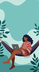 A woman in a hammock uses a laptop, symbolizing remote work, digital nomad lifestyle, and relaxed productivity in a natural setting. Ideal for travel, business, or leisure themes.