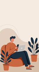 Relaxed person using a laptop and smartphone for remote work or online activities in a comfortable, modern home setting, representing digital lifestyle and productivity.