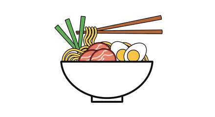 Delicious ramen bowl illustration with noodles, egg, meat, and chopsticks for creative food designs