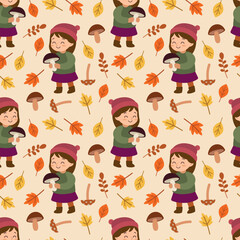 Cheerful child holding mushroom with autumn leaves and mushrooms in charming seamless vector pattern. Perfect for seasonal designs featuring a playful, fall-inspired theme.