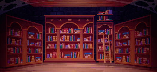 Old library interior. Library dark night room inside medieval castle, bookcase books on shelf bookshelf of magic school university abandoned bookshop cartoon vector illustration © ssstocker