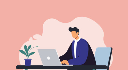 Stylized illustration of a professional working diligently on a laptop at a desk, ideal for business, technology, or remote work concepts.