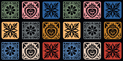 Colorful Mexican Tile Pattern Vector Illustration. Vibrant vector illustration of traditional Mexican tiles in various colors and intricate designs. 