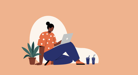 Relaxed Black woman working remotely on her laptop at home, embodying modern productivity, freelance lifestyle, or online learning. Ideal for business, education, or technology themes.