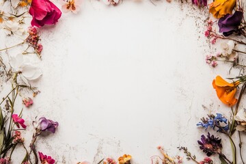 Thin ornamental frame of flowers with large white empty place in the middle