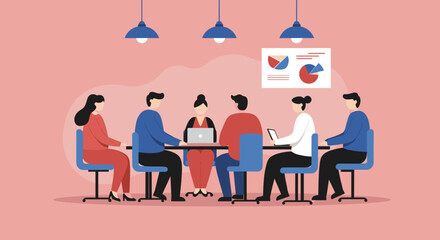 Diverse team of professionals in a meeting, collaborating and analyzing data in a modern office environment. Focus on strategy and progress.