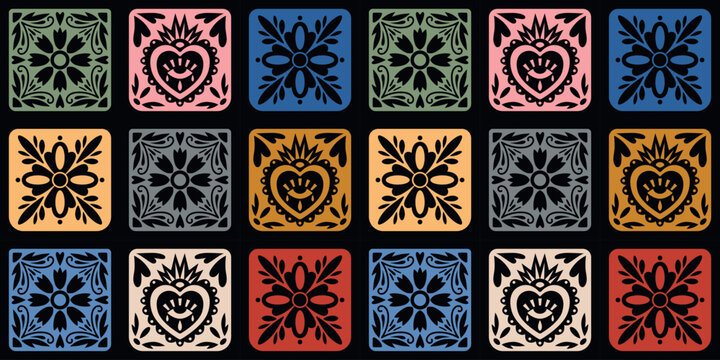 Colorful Mexican Tile Pattern Vector Illustration. Vibrant vector illustration of traditional Mexican tiles in various colors and intricate designs. 