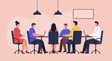 Diverse business team collaborating in a modern office meeting room, discussing strategy and working on laptops. Ideal for corporate communication and teamwork concepts.