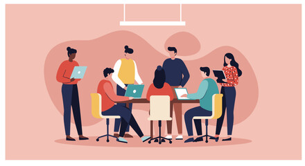 Diverse team collaborating in a modern office meeting, discussing ideas and working together on laptops. Professional teamwork, communication, and business strategy.