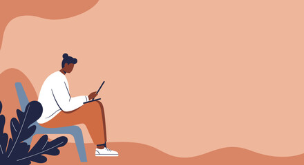 Minimalist illustration of a person working or studying on a laptop in a relaxed setting. Concept of remote work, online learning, or digital lifestyle, with copy space.