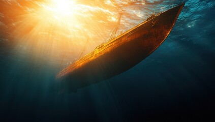 Sunken rusty ship lies on seabed, sunbeams illuminating it from above, creating a dramatic underwater scene